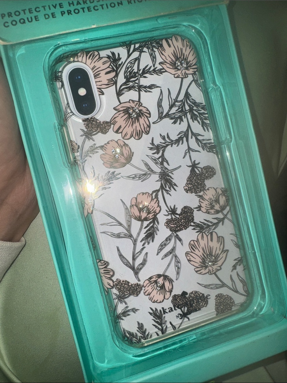 kate spade Clear Floral Phone Case with Pink Flowers and Black Botanical Accents